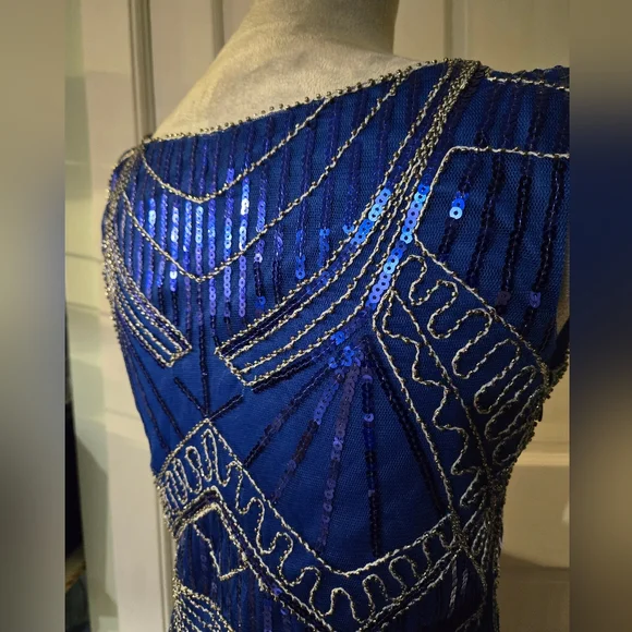 Sequins beads & stitching ROYAL blue flapper-style dress long fringe sz S - Picture 3 of 10